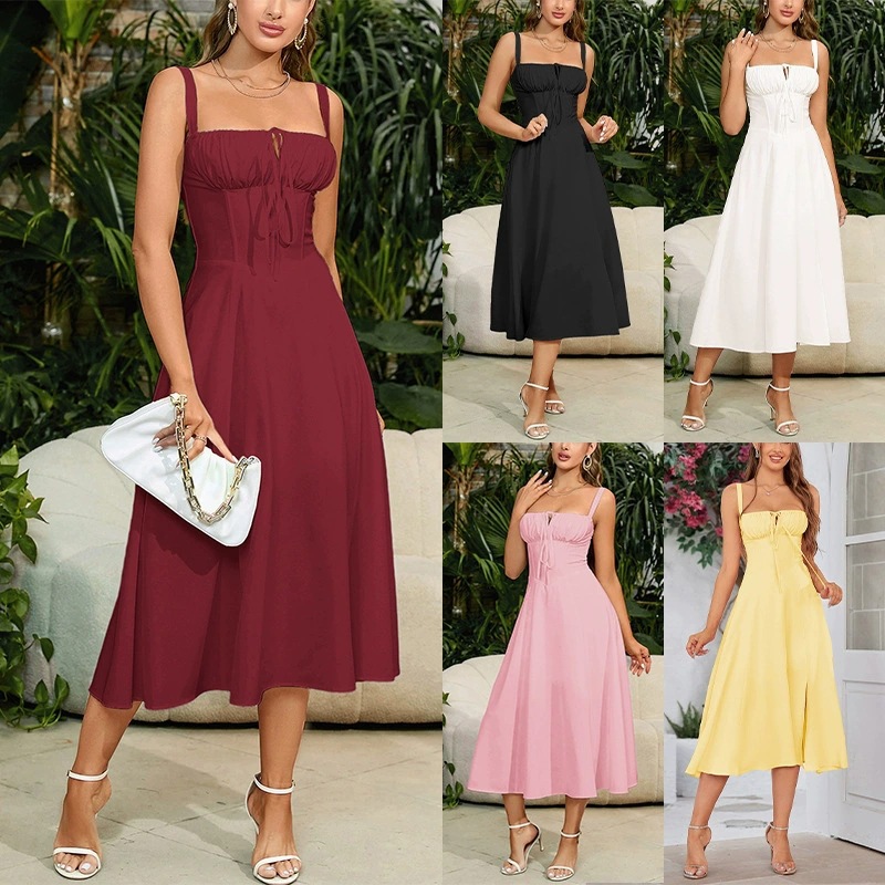 G1128New hot sale slim waist fishbone shaped slit drawstring chest wrap suspender dress