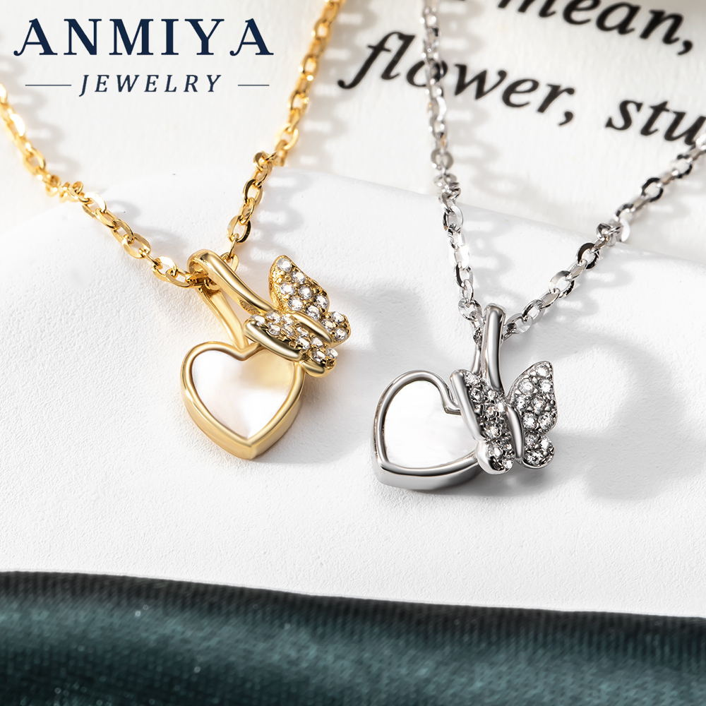 Gold Plated Silver Jewelry Dual Pendant Necklace: Heart and Butterfly with White Shell and Zircon, Luxury Necklace for Evening Events