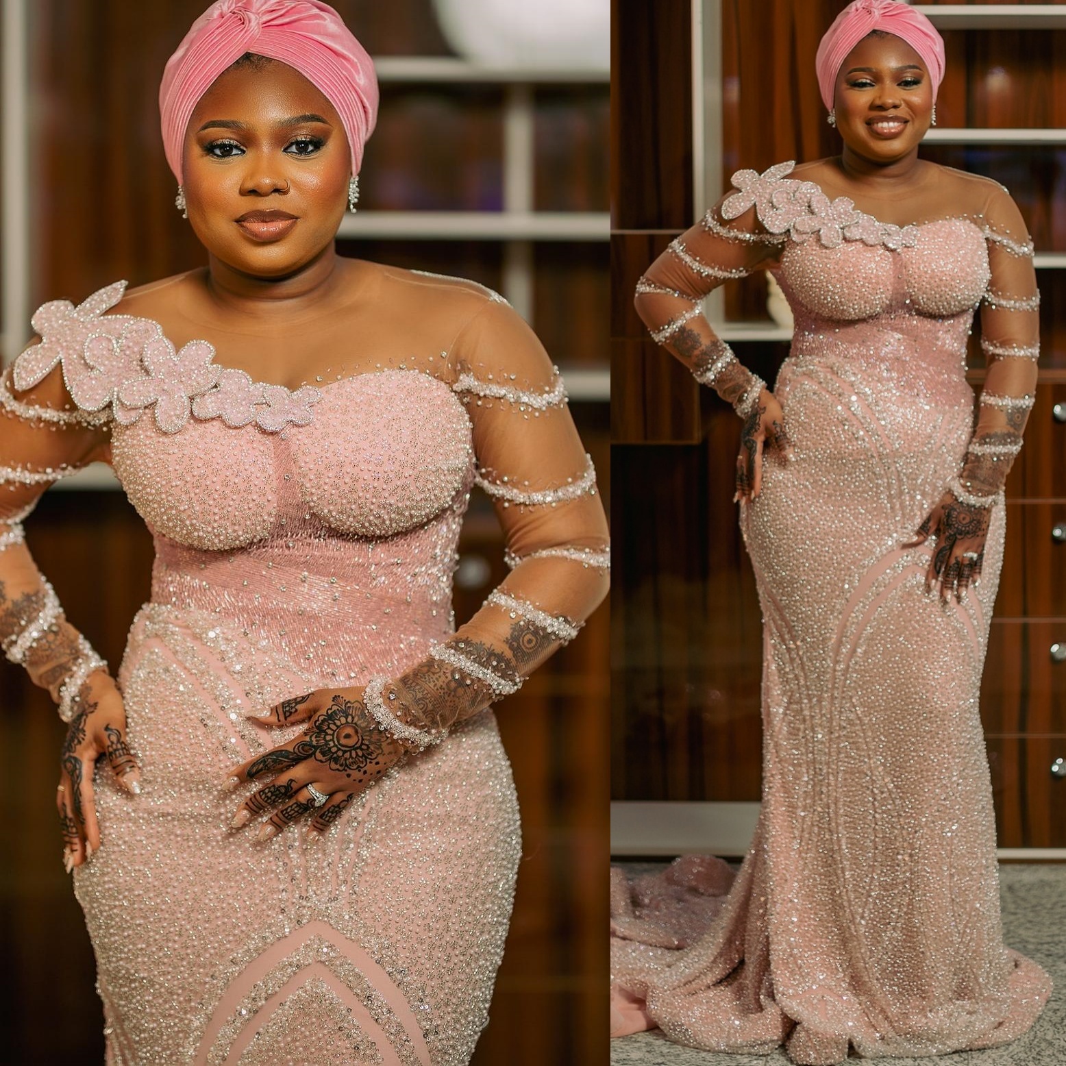 Pearl Pink Mermaid Prom Dresses 2025 Sequined FLowers Full Sleeves Evening Formal Party Second Birthday Engagement Gowns Plus Size Dress For Special