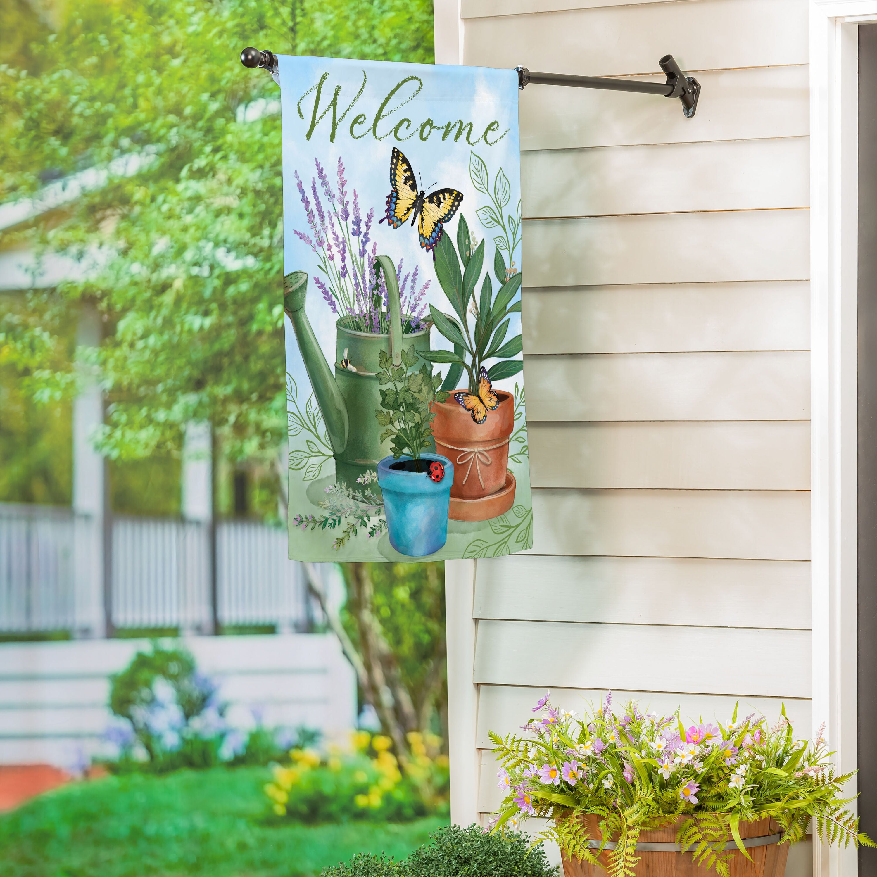 Pollinator Garden Watering Can & Plants Suede House Flag
