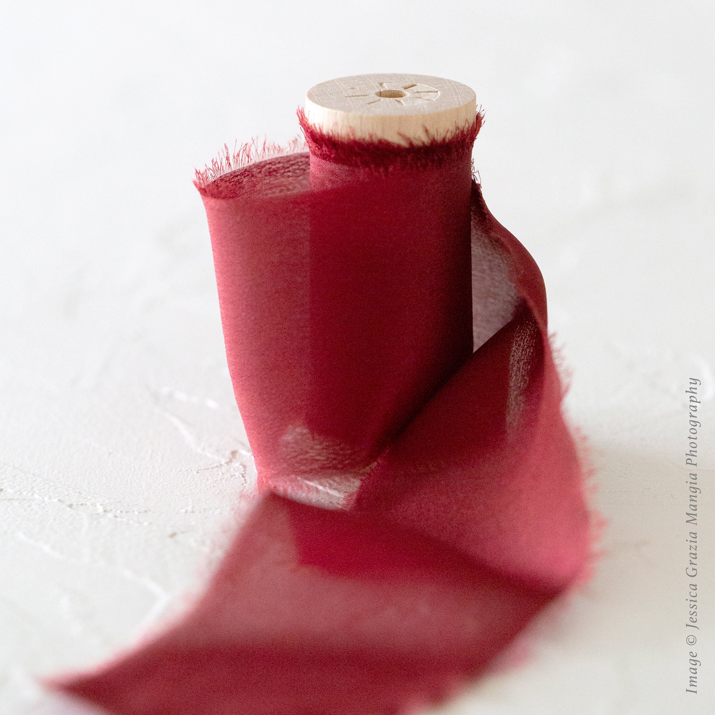 Red Garnet Luxe Silk Ribbon Hand-Torn Edges, Wedding Bouquet Ribbon