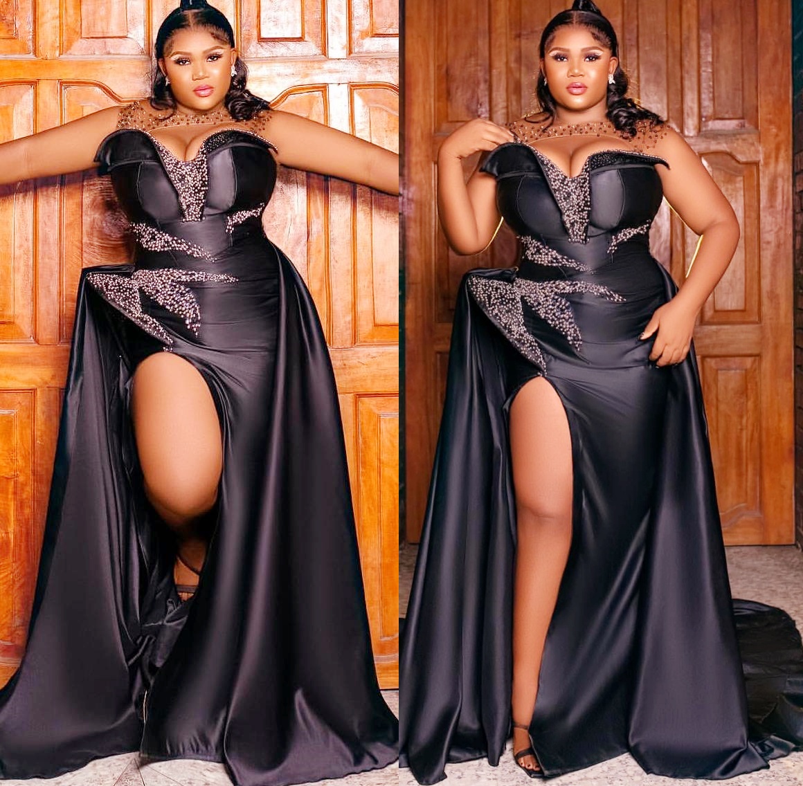 Sheath Black Plus Size Prom Dresses 2025 Beaded Satin High Split Sheer Neck Evening Formal Party Second Birthday Engagement Gowns Dress For Special