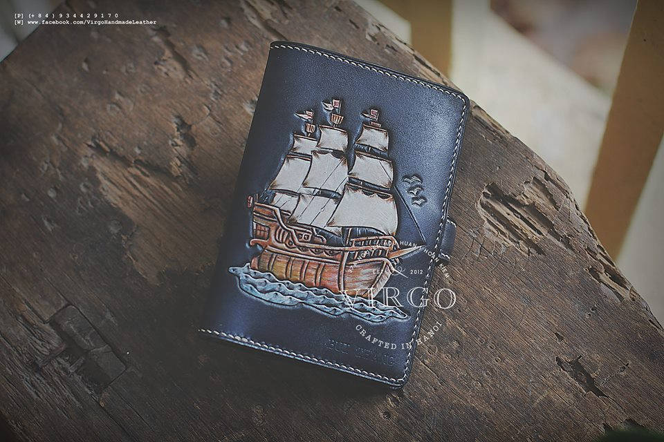 Ship & Sea Hand Tooled Wallet For Men, Personalized Vintage Birthday Leather Handmade, Carved, Artisan Painting | Bespoke Men's Gift