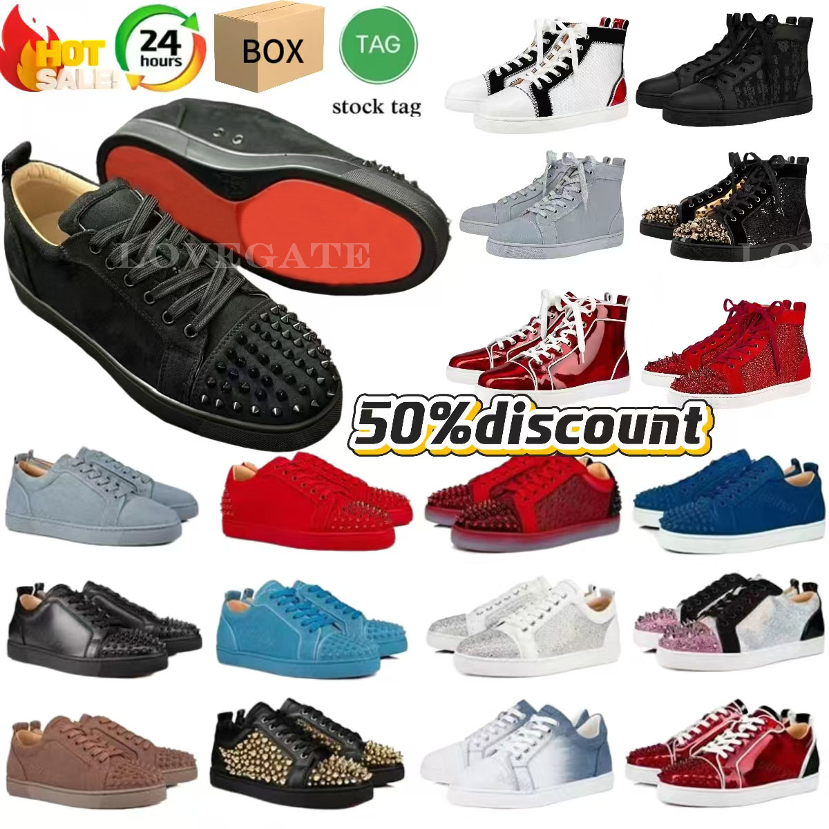 Sneakers Red bottomshoes designer Dress Casual Shoes Glitter Grey Rivets Leather Suede Men Women Fashion Spikes classic Office Career Wedding Traine