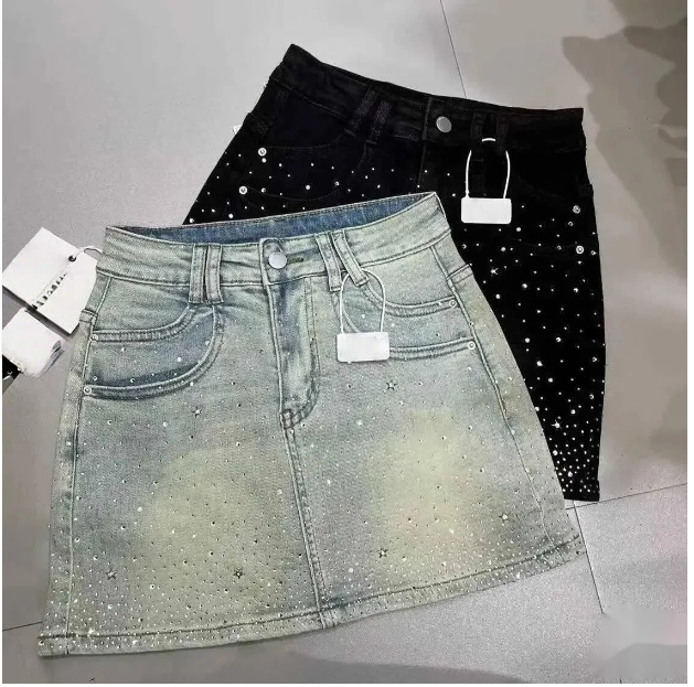 Summer Starry Sky Hot Rhine River Skirt, Vintage Weight Loss A-line Waist Support Denim Skirt, New Design Sense Hot Drill Highist Slim Short Skirt D