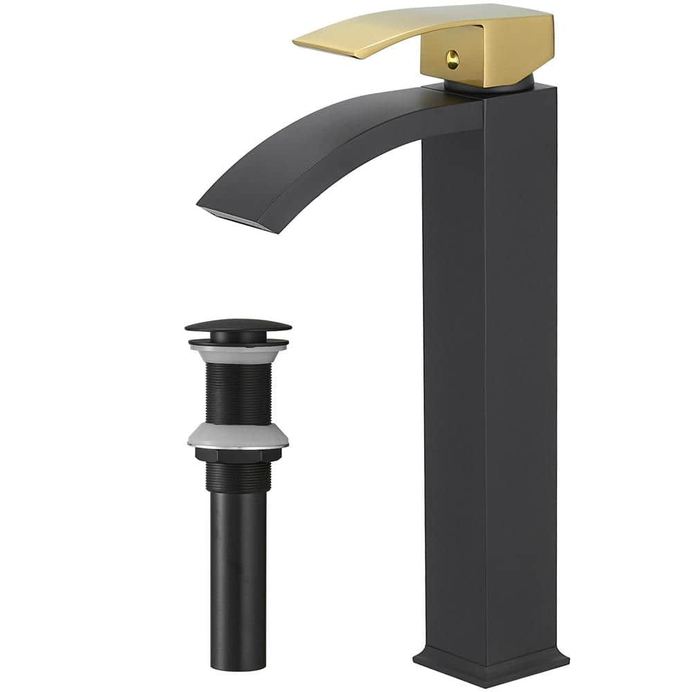 Waterfall Single Hole Single Handle Bathroom Vessel Sink Faucet With Pop Up Drain Without Overflow in Matte Black & Gold