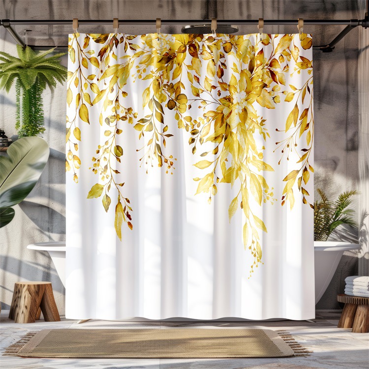 YL-37962 Watercolor Floral Leaf Print Shower Curtain, No-Drill Toilet Polyester Partition, Waterproof Bathroom Decoration
