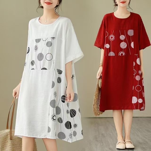 plus size women's new long sleeve high waist printed banquet dress mid-length skirt D02556