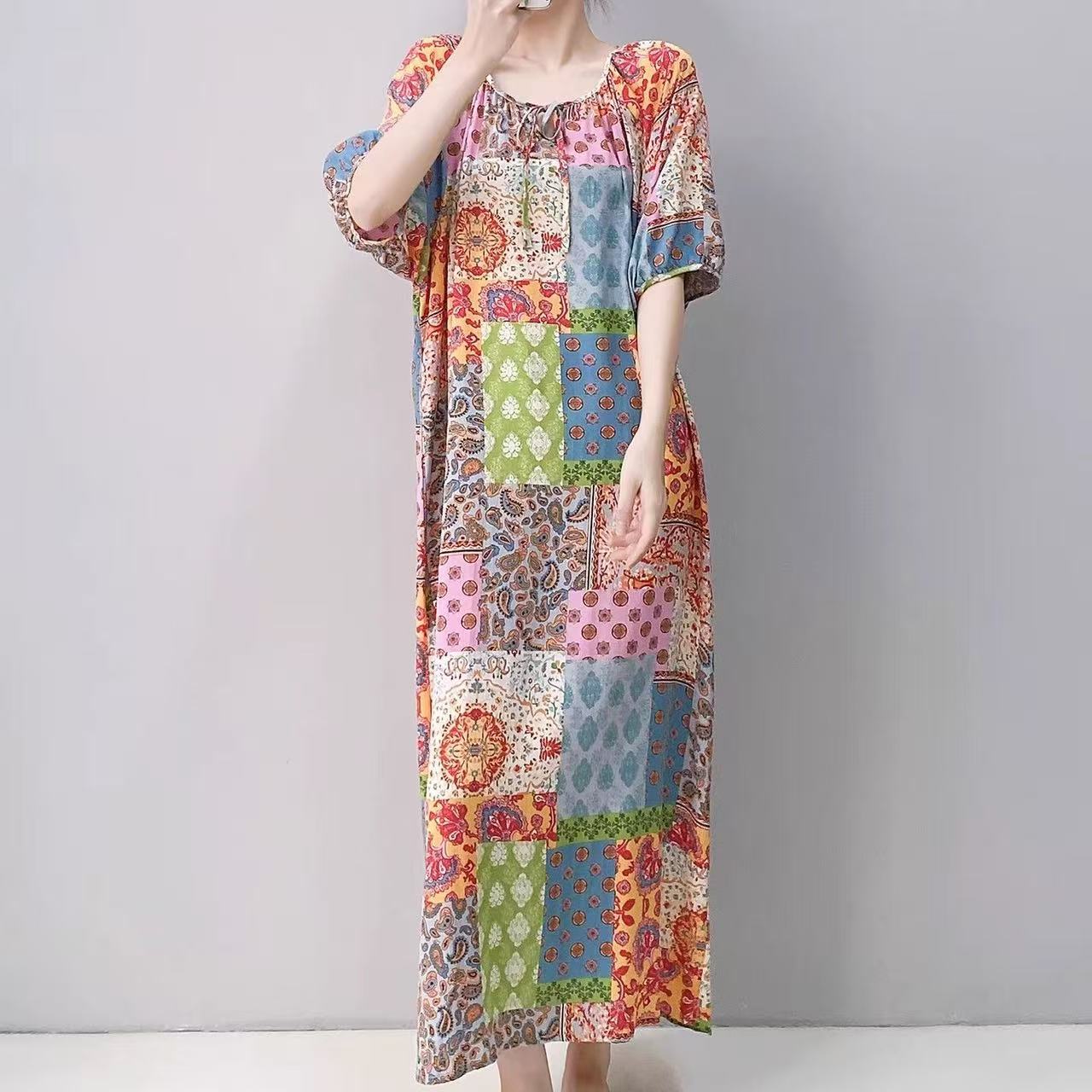 plus size women's new long sleeve high waist printed banquet dress mid-length skirt D02572