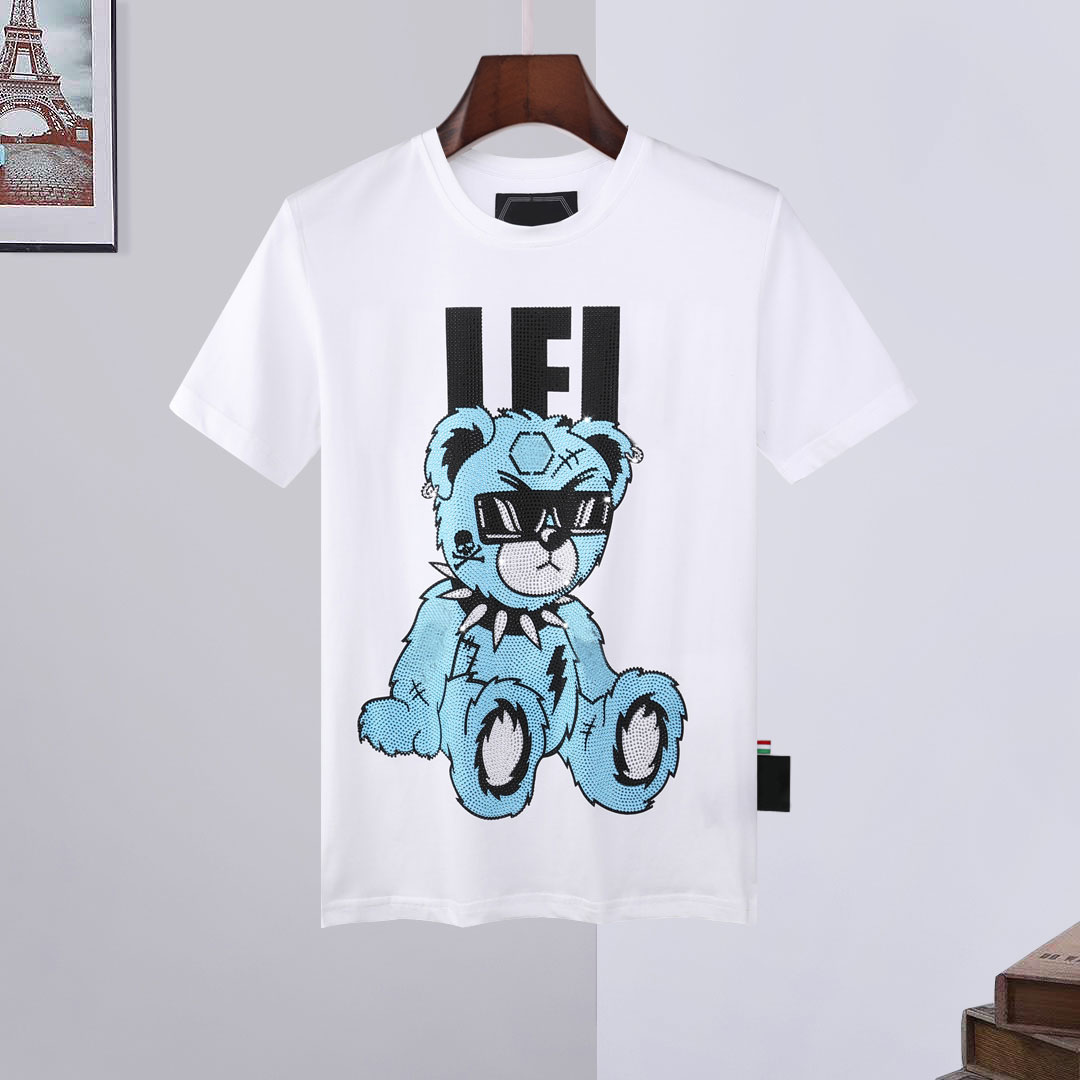 2021 new fashion men's PP casual cotton short sleeve T-shirt hot drilling skull men's creative Street luxury five star bear print top