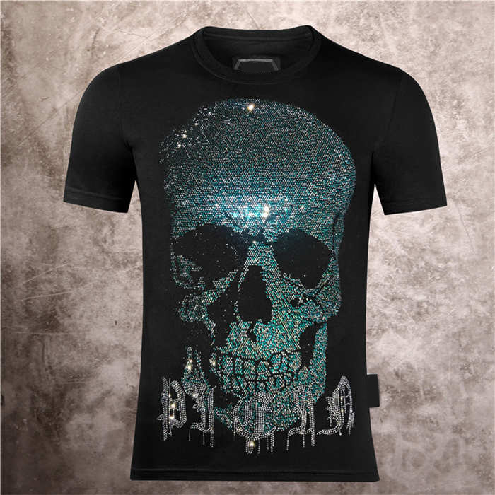 2021 new fashion men's PP casual cotton short sleeve T-shirt hot drilling skull men's summer slim ghost auspicious printing half sleeve to