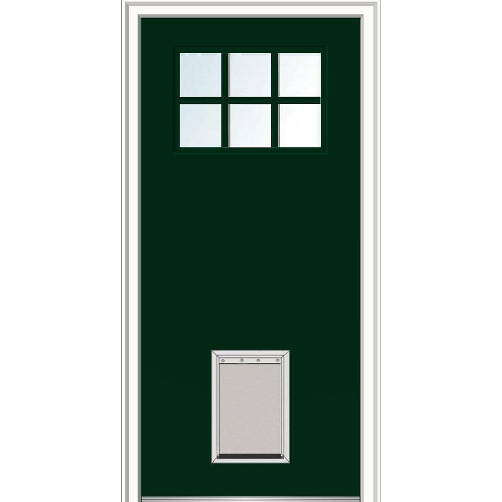 36 in. x 80 in. Classic Left-Hand Inswing 6-Lite Clear Painted Fiberglass Smooth Prehung Back Door with Large Pet Door