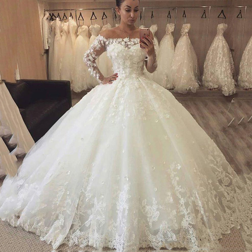 Arabic Long Sleeves Ball Gown Lace Wedding Dresses 2021 with Appliques Off Shoulder Lace Up Back Tulle Sweep Train Bridal Gowns
