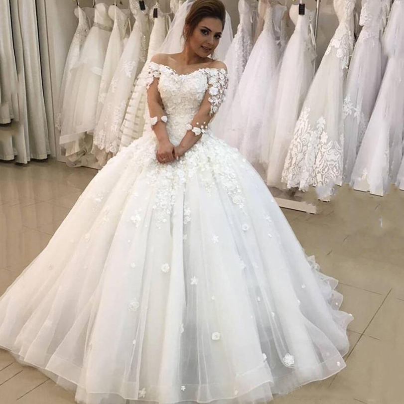 Arabic Off Shoulder Long Sleeves Lace Ball Gown Wedding Dresses with 3D Floral Appliques Sweep Train Lace Up Back Tulle Bridal Gowns