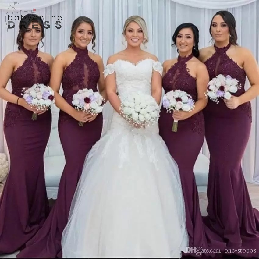 Burgundy Lace Appliqued Mermaid Bridesmaid Dresses Vintage High Neck Sheath Wedding Guest Gown Long Formla Prom Evening Dresses BM0982