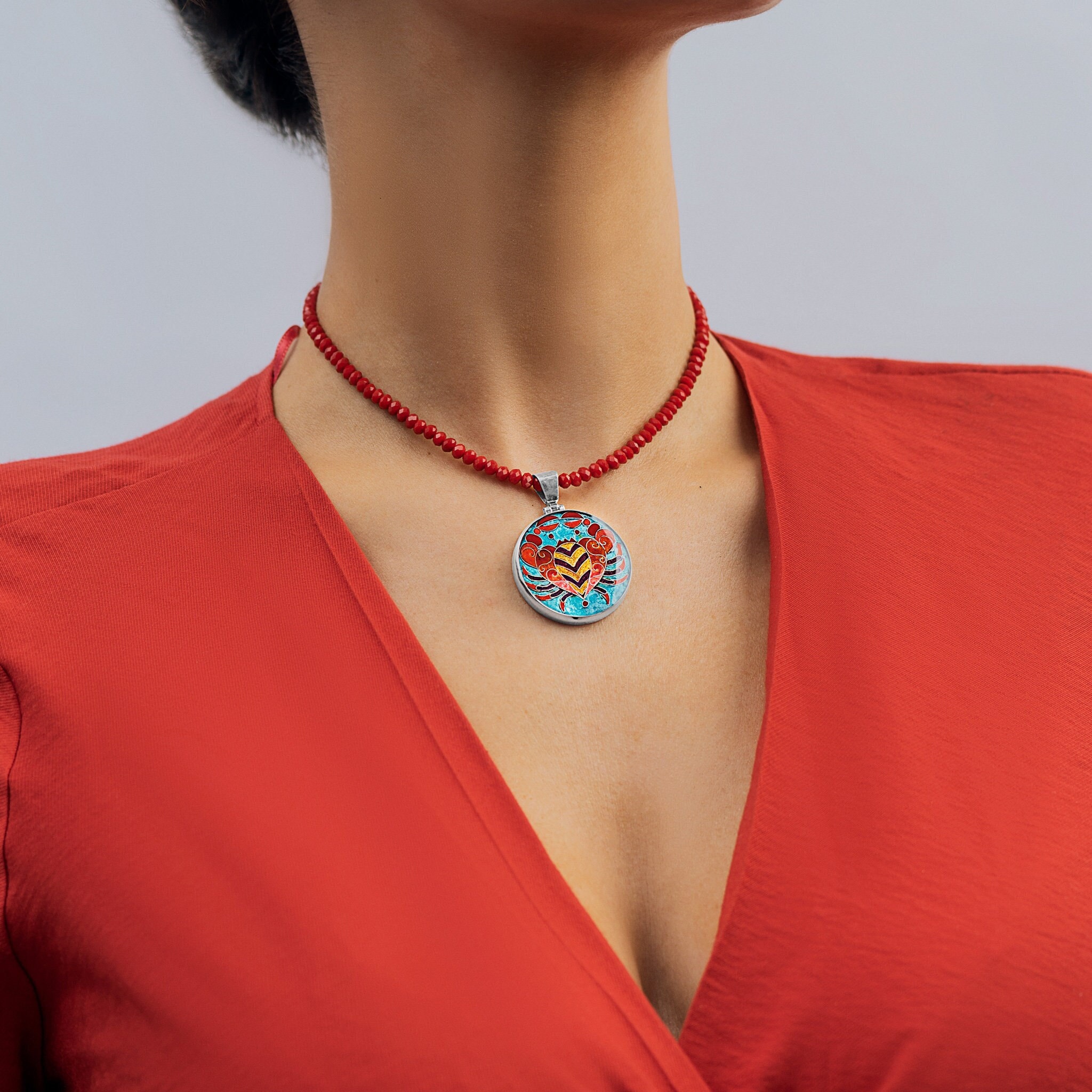 Cancer Zodiac Pendant - Sterling Silver Cloisonné Enamel Necklace, Handmade Astrology Jewelry, Made To Order Gift For Her, Wearable Art