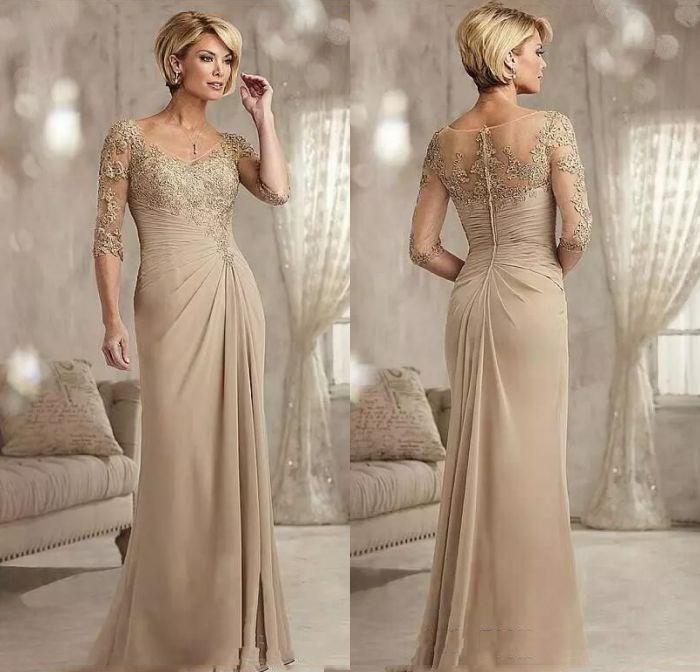 Champagne Half Sleeves Lace Mermaid Mother Of the Birde Dresses with Appliques Sweep Train Chiffon Formal Evening Gowns