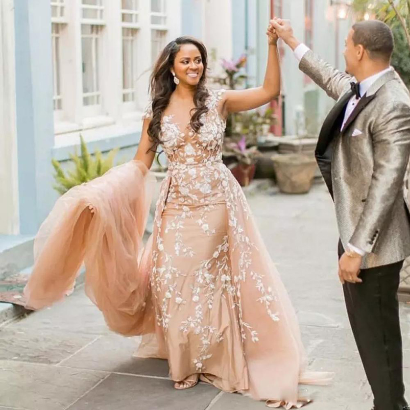 Champagne Lace Mermaid Wedding Dresses with Detachable Jewel Neck Off Shoulder Appliqued Plus Size Bridal Gowns