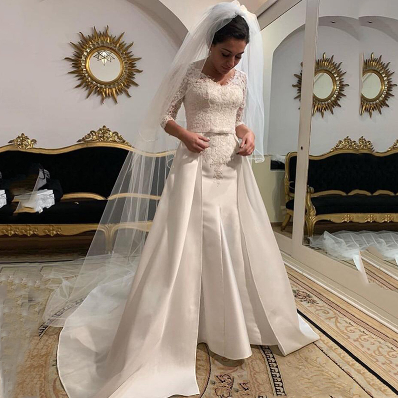 Custom Made 3/4 Long Sleeves Lace Mermaid Wedding Dresses with Appliques Detachable Sweep Train Lace Up Back Satin Bridal Gowns