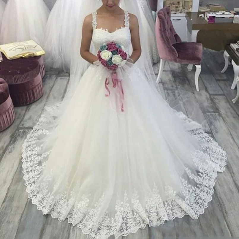 Custom Made Spaghetti A Line Lace Wedding Dresses with Appliques Sweep Train Tulle Lace Up Back Bridal Gowns Vestido de Noiva