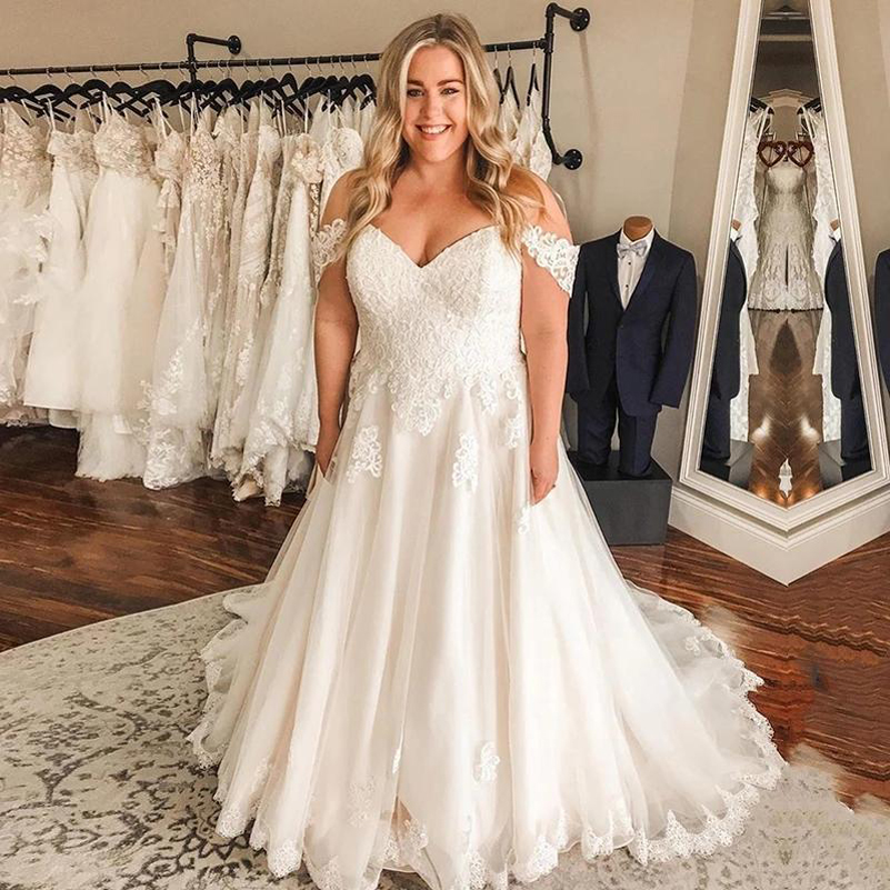 Customized Off Shoulder Lace Plus Size A Line Wedding Dresses 2021 with Appliques Sweep Train Lace Up Back Tulle Bridal Gowns