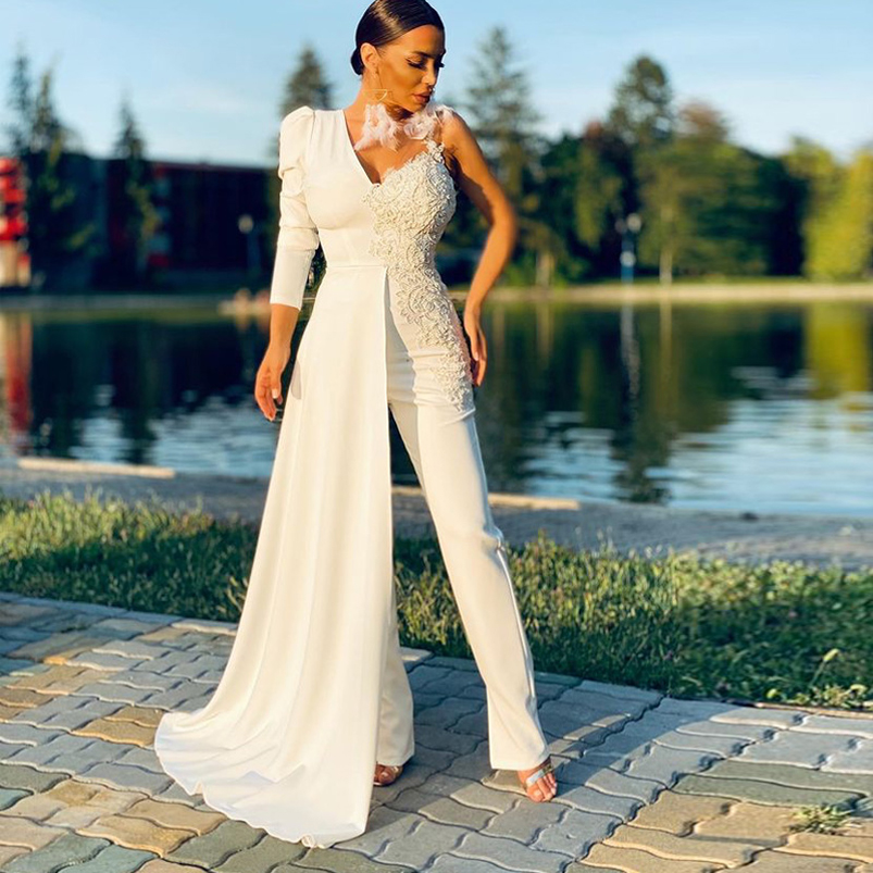 Customized V Neck Long Sleeves Jumpsuits Evening Dresses Appliques Satin Formal Prom Gowns with Pants Vestidos De Novia