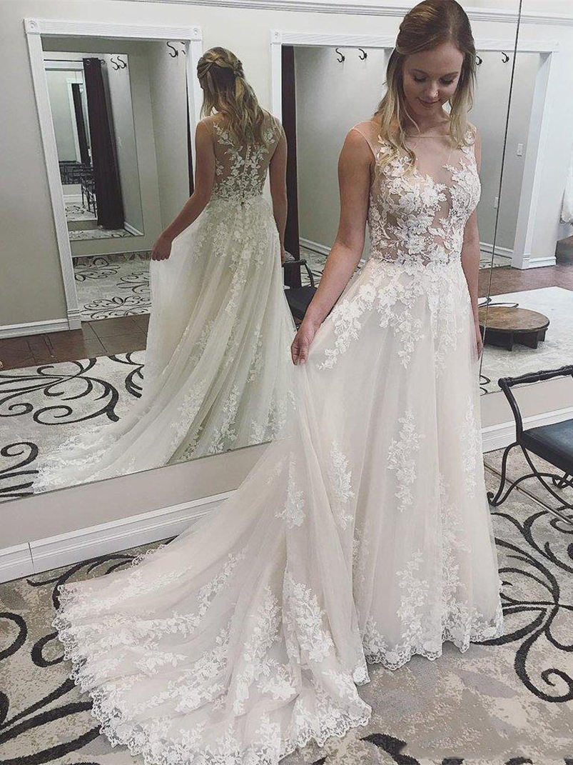 Deep V Neck A Line Lace Wedding Dress Appliques Brial Gowns Sweep Train Corset Back Tulle Plus Size Bride Dresses