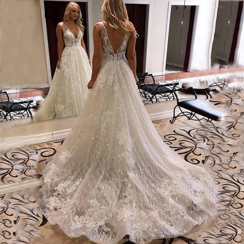 Deep V Neck A Line Lace Wedding Dresses Sequined Court Train Backless Boho Plus Size Beach Bridal Gowns