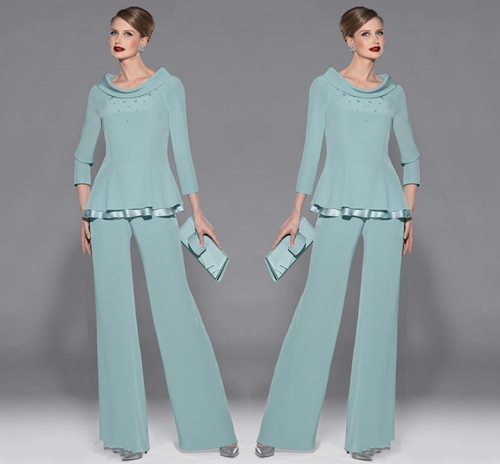 Graceful Mint Green Chiffon Mothers Pants Suit Mother's Dresses Jewel Neckline Long Sleeve With Beads And Sequins Two Pieces For Wedding Party