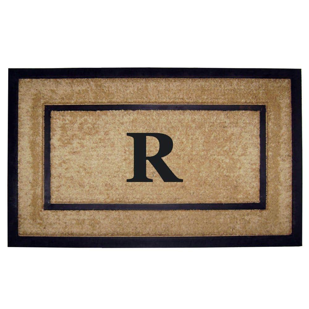 Heavy Duty Brown 22 in. x 36 in. Rubber Coir Single Picture Frame Monogrammed R Indoor Outdoor Door Mat