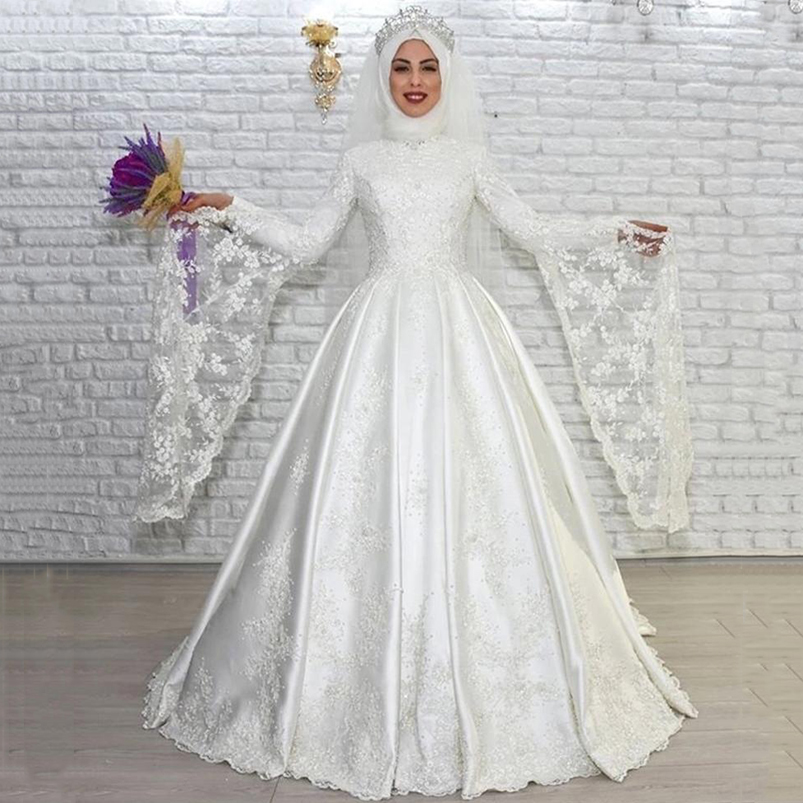 High Neck Long Sleeves Muslim Lace Ball Gown Wedding Dresses with Pearls Sweep Train Corset Back Arabic Satin Bridal Gowns