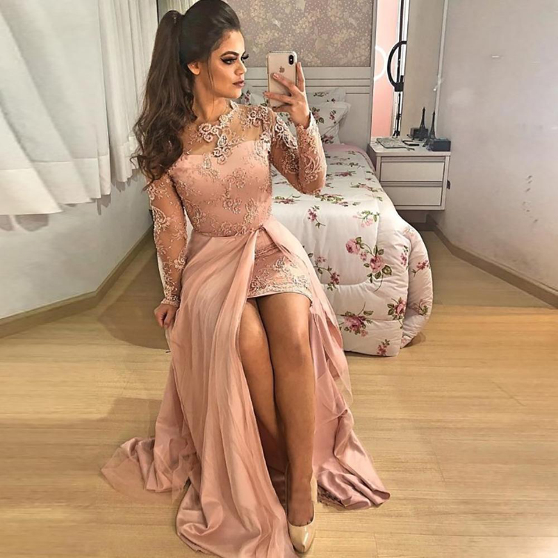 Jewel Neck Long Sleeves Split Mermaid Lace Evening Dresses Appliqued Sweep Train Satin Formal Prom Party Gowns