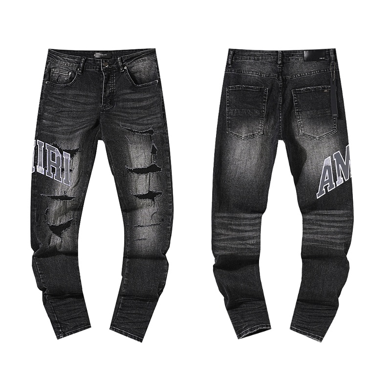 Men's Art Patch Slim Fit Ripped Jeans High-Street Man Distressed Knee Holes Washed Denim Pants Trousers