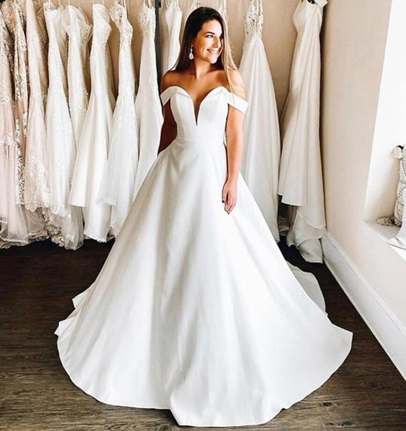 Off Shoulder A Line Wedding Dresses with Cap Sleeves Sweep Train Lace up Back Satin Plus Size Bridal Gowns vestidos de novia