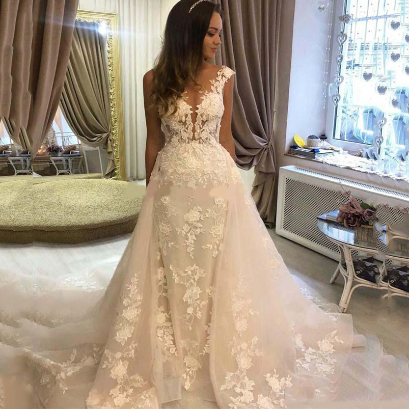 Off Shoulder Lace Mermaid Wedding Dresses Detachable Bridal Gowns Sweep Train Appliqued Tulle Bride Dress Plus Size
