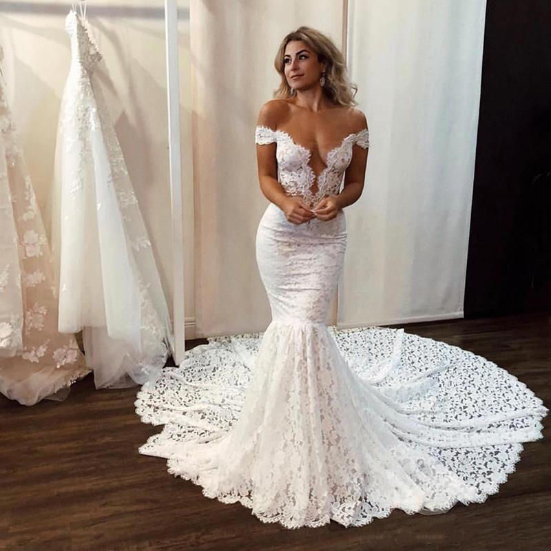 Off the Shoulder Lace Mermaid Wedding Dresses with Appliques Court Train Backless Boho Beach Bridal Gowns