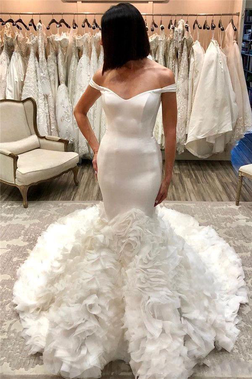 Off the Shoulder Mermaid Wedding Dresses Bridal Gowns with Ruffles Court Train Backless Satin Plus Size Vestidos De Noiva