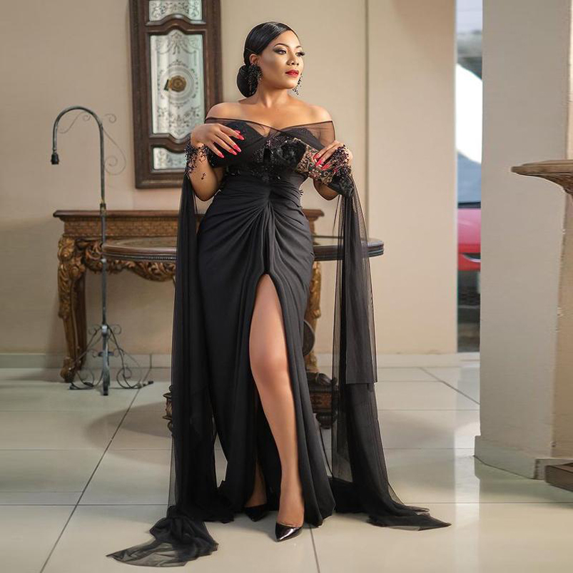 Off the Shoulder Split Appliqued Mermaid Evening Dresses Cap Sleeves Court Train Chiffon Long Prom Gowns Plus Size