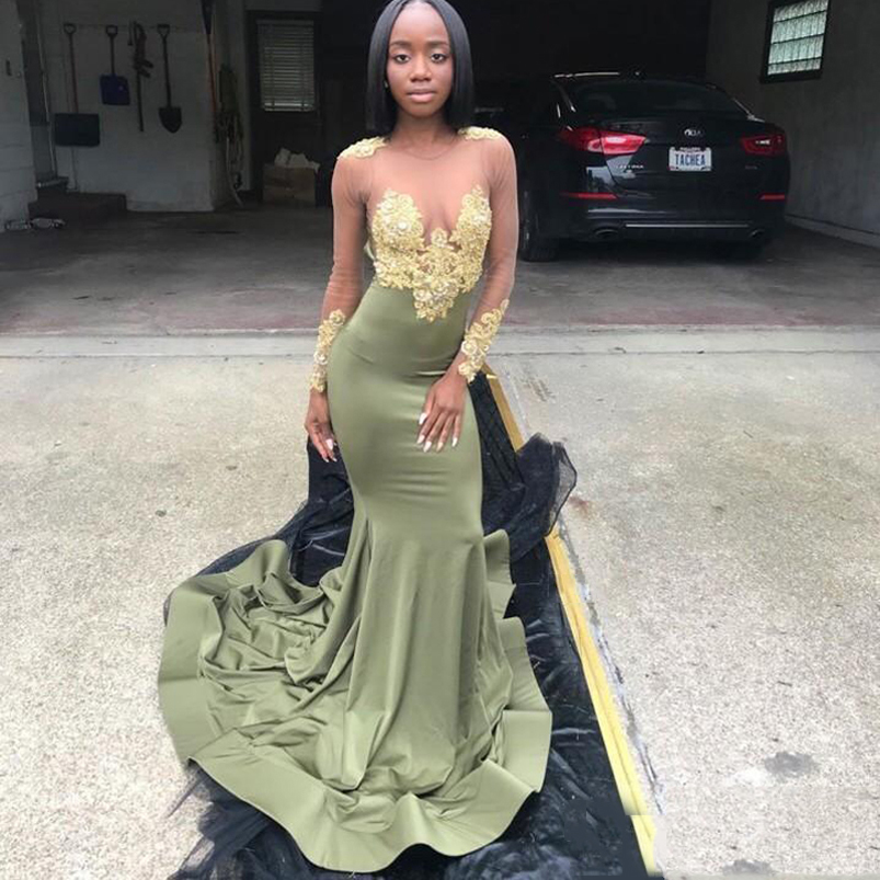 Olive Green Illusion Long Sleeves Lace Mermaid Evening Dresses Jewel Neck Appliqued Sweep Train Satin Formal Prom Gowns