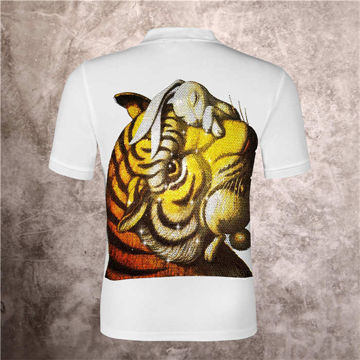 PP skull fashion T-shirt new casual short creative men's cartoon auspicious tiger head dragon large pattern printing hot drill cotton Lapel