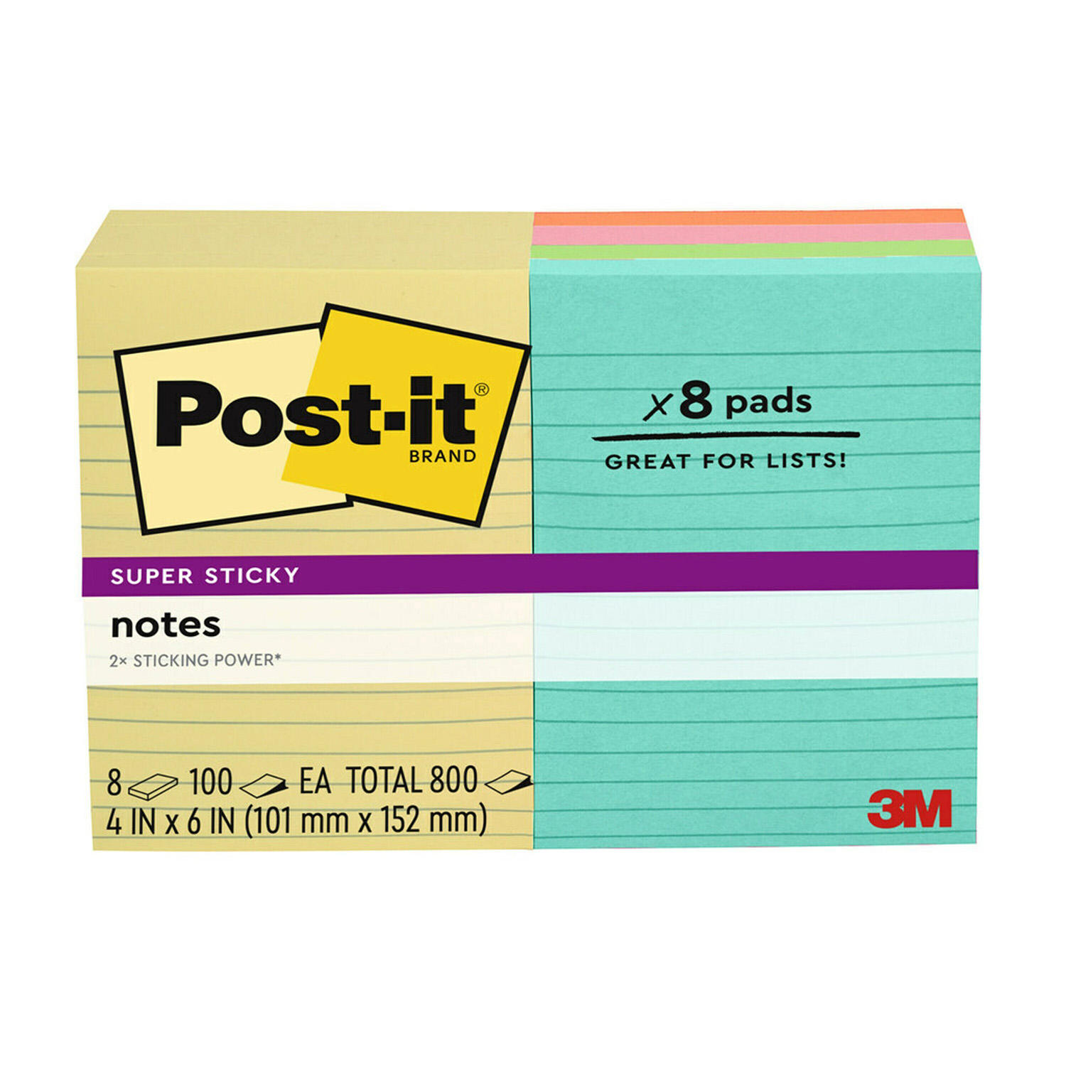 Post-it Super Sticky Notes, 4' x 6', Assorted Colors, Lined, 8 Pack, 800 Total Sheets