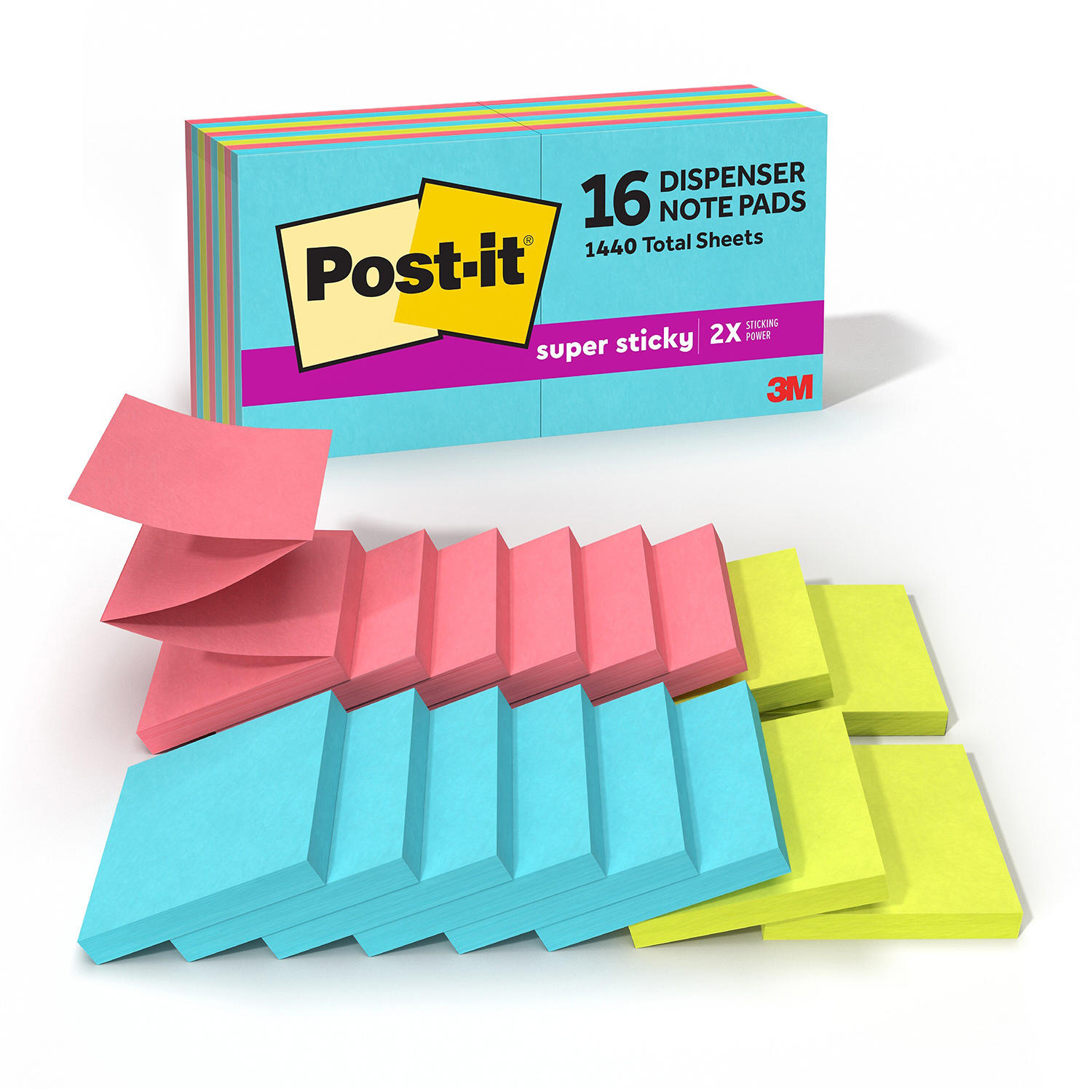 Post-it Super Sticky Pop-up Notes, 3' x 3', Supernova Neons Collection, 16 Pack, 1,440 Total Sheets