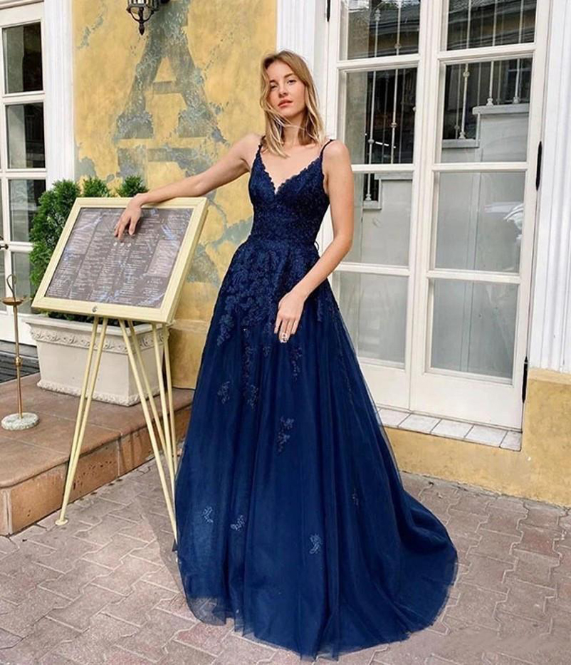 Royal Blue Spaghetti Lace Long Evening Dresses with Appliques Sweep Train Lace Up Back Formal Prom Party Gowns Plus Size