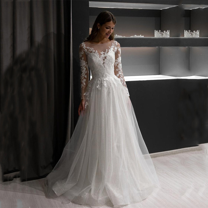 Scoop Neck Long Sleeves A Line Lace Wedding Dress Appliqued Sequins Bridal Gowns Sweep Train Tulle Plus Size Bride Dresses