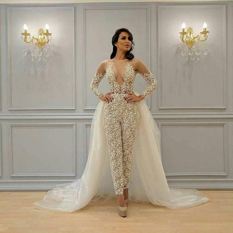 Scoop Neck Long Sleeves Lace Jumpsuits Evening Dresses with Detachable Train Appliques Tulle Formal Prom Gowns Pants