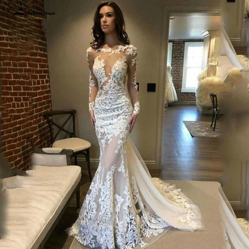 Scoop Neck Long Sleeves Lace Mermaid Wedding Dress Bridal Gowns with Appliques Sweep Train Backless Tulle Bride Dresses