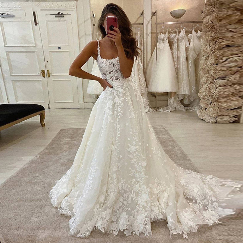 Spaghetti A Line Lace Wedding Dresses Square Appliques Sweep Train Corset Back Tulle Plus Size Bridal Gowns