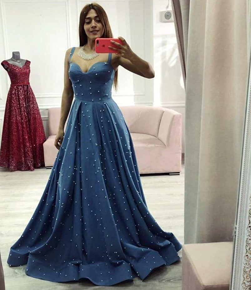 Spaghetti A Line Long Evening Dresses with Pearls Sweetheart Sweep Train Corset Back Formal Special Occasion Party Gowns
