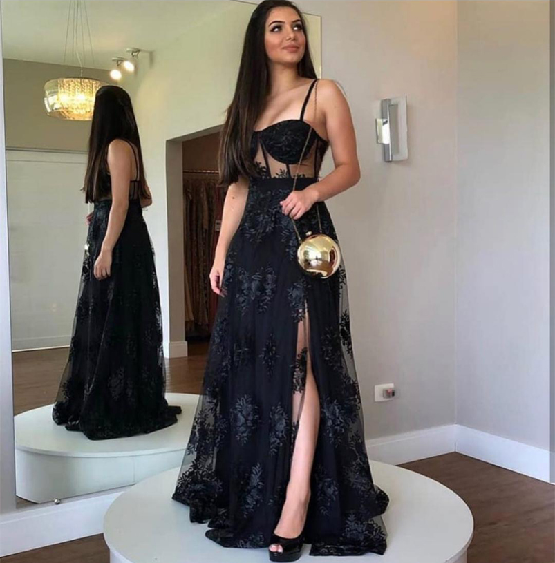 Spaghetti A Line Split Long Lace Evening Dresses Appliqued Floor Length Backless Prom Gowns Robe De Soiree
