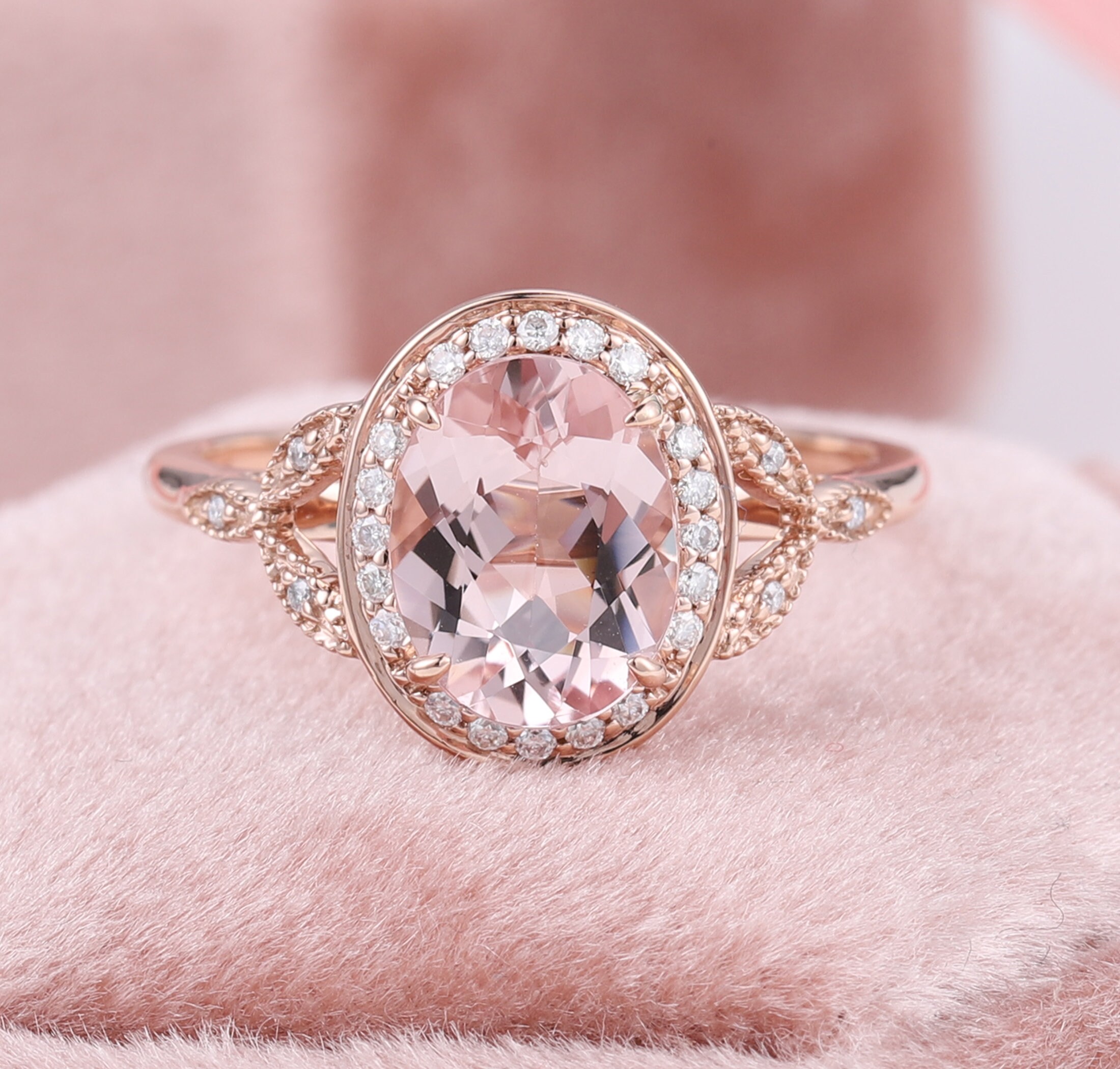Vintage Oval Morganite Anniversary Rings, Channel Set Round Diamonds Halo Ring, Art Deco Antique Wedding Rings 1920S, Xmas Gift